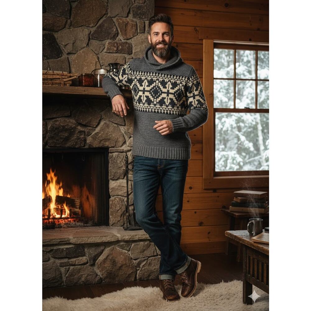 Lucky Brand Fair‎ Isle Heavy Knit Hoodie Nordic Boho Sweater Grey & Cream Mns XL
